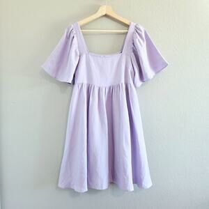 Linen Blend Babydoll Flowy Mini Dress, Relaxed Fit, Small, Lilac